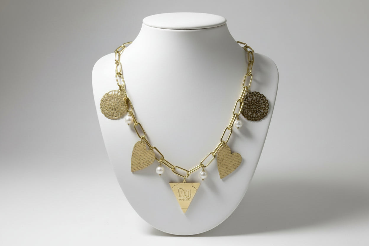 512 BRULL Paperclip Chain Charm Necklace – Gold Mandalas, Golden Hour Charm, Hearts & Pearl