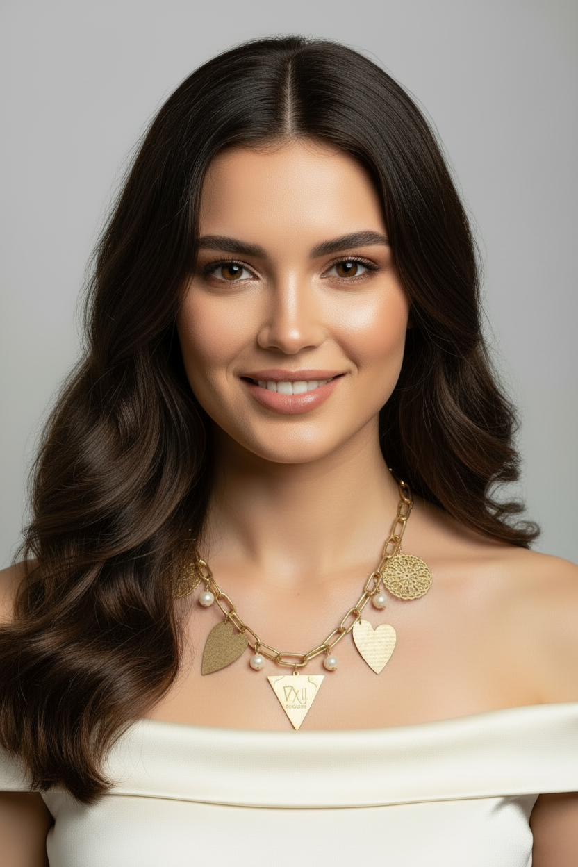 512 BRULL Paperclip Chain Charm Necklace – Gold Mandalas, Golden Hour Charm, Hearts & Pearls