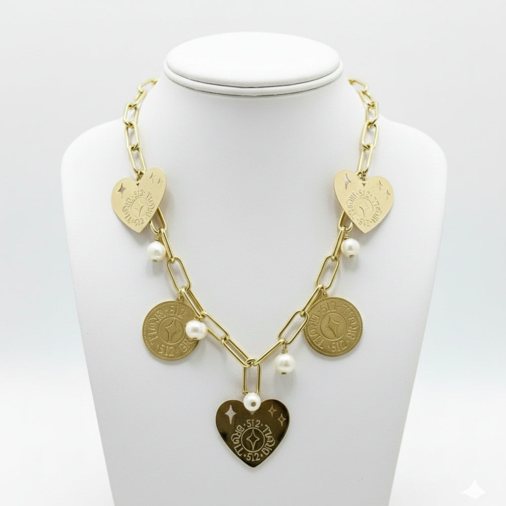 512 BRULL Paperclip Chain Charm Necklace – Gold Medallion, Hearts & Pearl