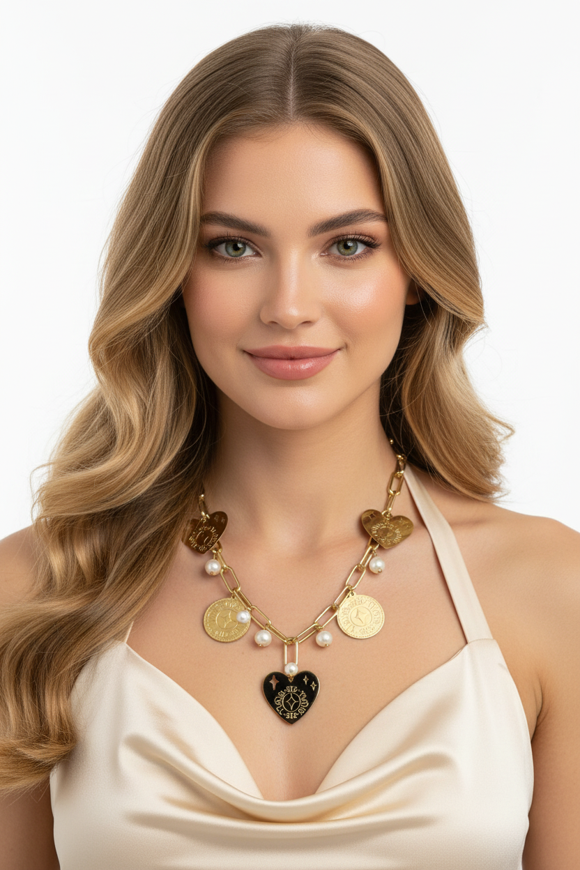 512 BRULL Paperclip Chain Charm Necklace – Gold Medallion, Hearts & Pearls